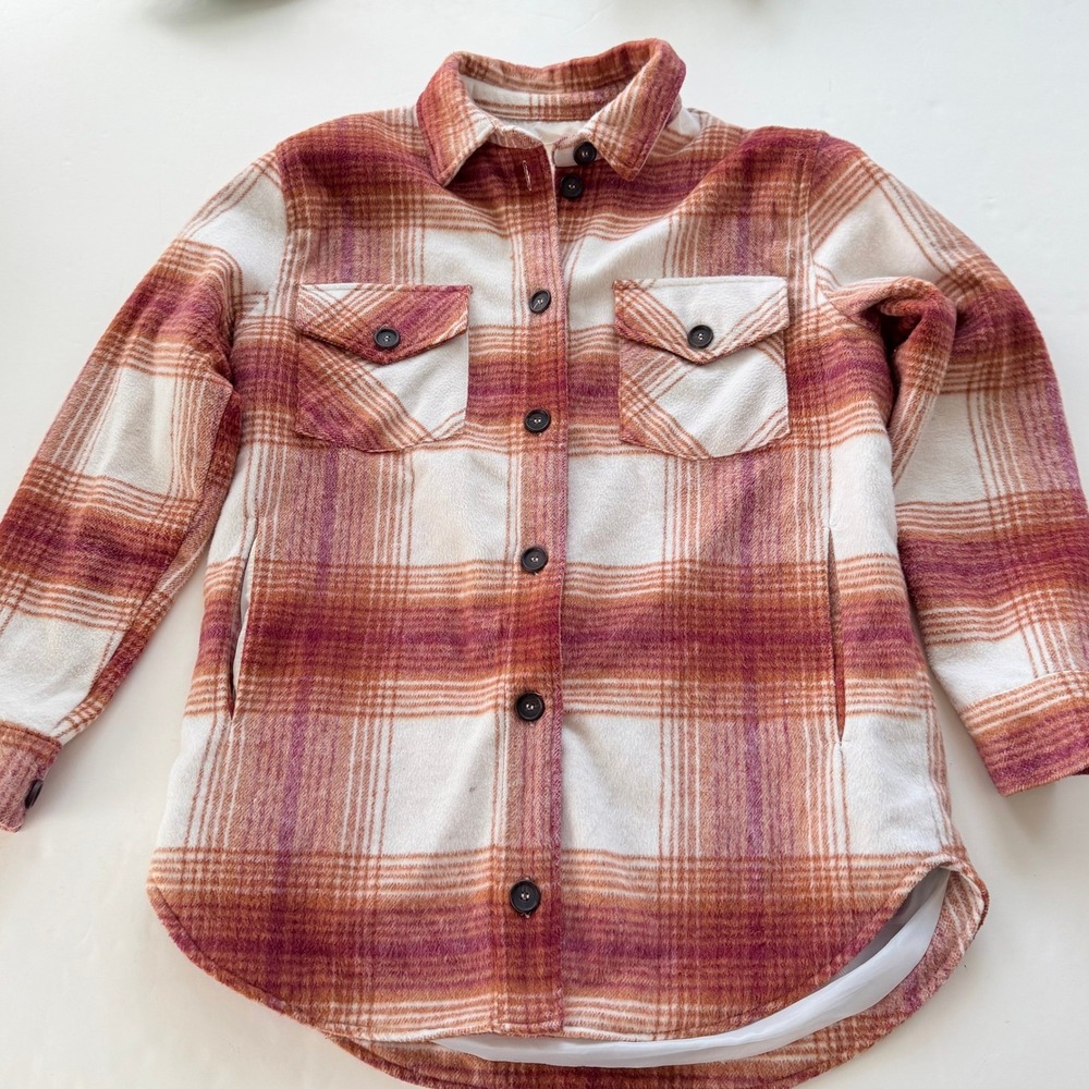 Thread & Supply Women Carmel Plaid Shirt Jacket Medium Orange Cream J7711PND